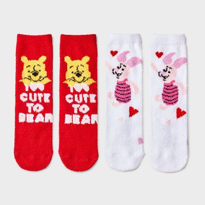 Women's Disney Winnie The Pooh Valentine's Day Tear & Share 2pk Cozy Crew Socks - Red/White 4-10