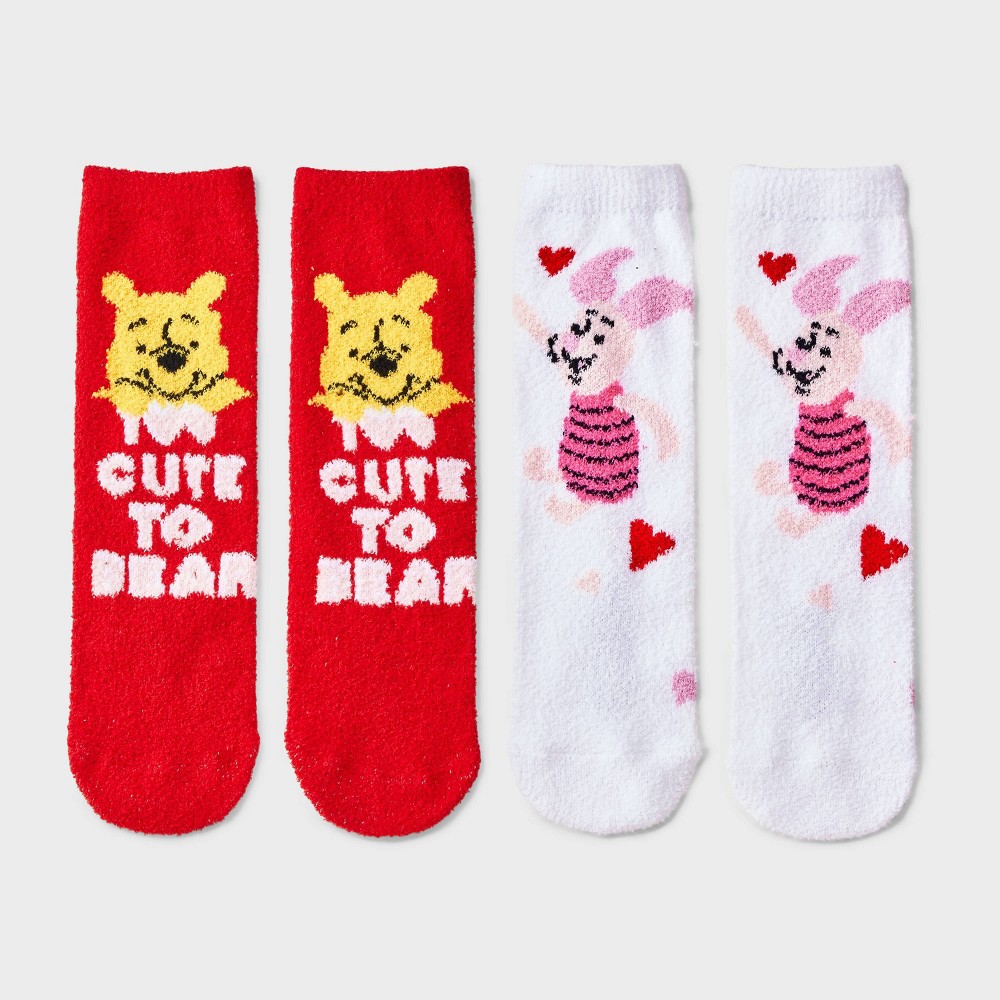 Women's Disney Winnie The Pooh Valentine's Day Tear & Share 2pk Cozy Crew Socks - Red/White 4-10