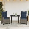 vidaXL 3-Piece Patio Dining Set - Gray Poly Rattan with Navy Cushions and Glass Top - Adjustable Backrest - for Outdoor/Garden - 2 of 4