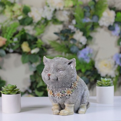 Gray and White Pudgy Cat Garden Statue with Yellow Rain Boots