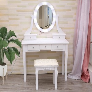 Modern Makeup Vanity, Girls Vanity Set with Lighted Mirror and Cushioned Stool, Make Up Table with 5 Drawers for Bedroom - 1 of 4