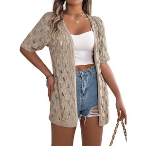 BLUEMING Womens Short Sleeves Open Front Crochet Cardigan Shrugs Sweater Hollowed Lightweight Cropped Sweater - 1 of 4