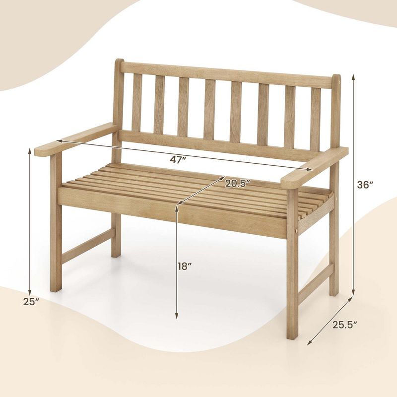 Costway Indonesia Teak Wood Garden Bench 2-Person Patio Bench with Backrest & Armrests Natural, 3 of 10