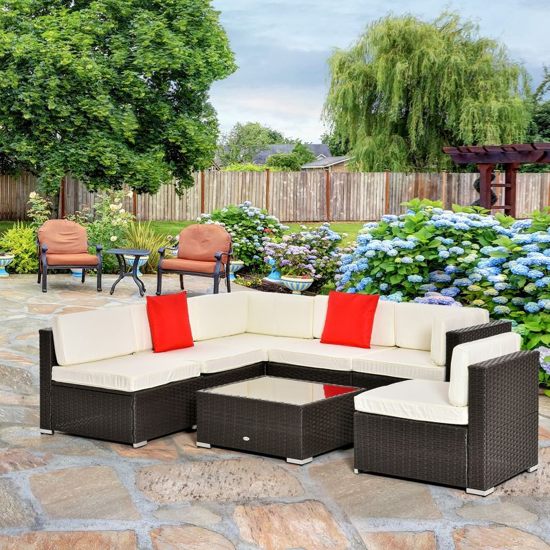 Outsunny 7 Piece Outdoor Patio Furniture Set, PE Rattan Wicker Sectional Sofa Set with Couch Cushions, Pillows,  Coffee Table, Orange, White, 3 of 8