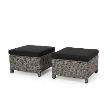 Puerta 2pk Outdoor Wicker Ottomans with Cushions - Black/Dark Gray - Christopher Knight Home