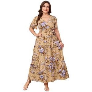 Floral Wrap V-Neck Short Sleeve Tiered Maxi Dress with Waist Tie Yellow 1X  : Target