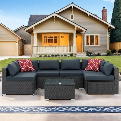 ELJGET 7 Piece Patio Furniture Set Outdoor Wicker Conversation Sets All Weather PE Rattan Sectional Sofa Set with Cushions & Coffee Table