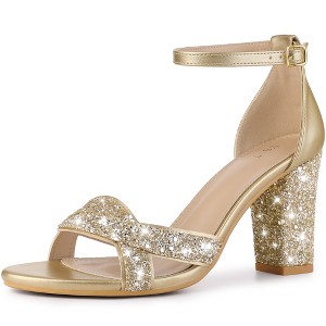 Allegra K Women's Bling Glitter Ankle Strap High Chunky Heel Sandals - 1 of 4