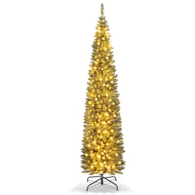 Tangkula 5/6/7/8/9FT Artificial Christmas Tree Pre-lit Pencil Xmas Tree with 296/390/499/591/699 Branch Tips 150/180/200/300/400 Warm White LED Lights