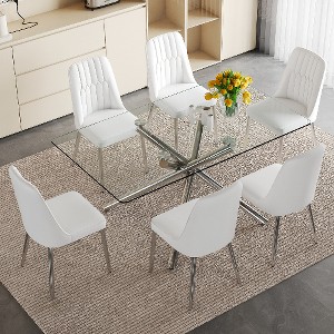 Lyngins 5-Piece Modern Tempered Glass Dining Set – Dining Table with Silver Fork-Shaped Legs & 4 PU Chairs, Kitchen Table Set for Dining Room - 1 of 4