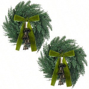 2 Pcs Small Norfolk Wreath with Cypress Cow Bells and Velvet Ribbon Bow Faux Pine Greenery Winter Wreath for Kitchen Cabinet - 1 of 4
