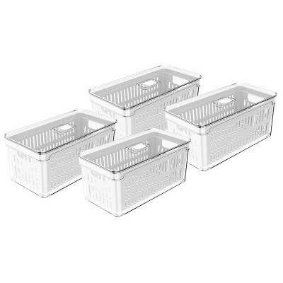 OU Fridge Organizer Bin with Drain Basket & Vented Lid, Clear Stackable Refrigerator Storage Container, Produce Kitchen Storage Bin, BPA Free, 4 Pack