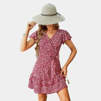 Women's Red Ditsy Floral Flutter Sleeve Mini Dress - Cupshe