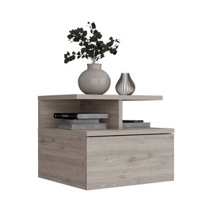 TIRAMISUBEST Smokey Oak Floating Nightstand with 12"H, Drawer, and 2-Tier Shelf, Buffet Cabinet for Bedrooms - 1 of 4