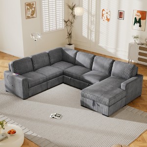 115.6" Oversized Corduroy U-Shaped Modular Sectional Sofa with Storage Chaise Lounge, USB Ports, and Pull-Out Bed - 1 of 4