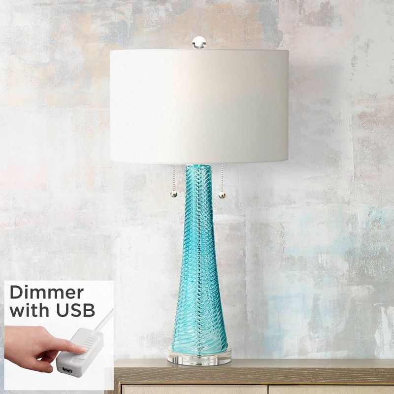 Possini Euro Design Modern Table Lamp 28 1/2" Tall with USB Dimmer Aqua Blue Swirl Fluted Glass White Drum Shade for Bedroom Living Room House Bedside, 2 of 10