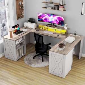 U Shaped Computer Desk Gaming Desk With Drawers With Storage Shelves  Record Storage Display Shelf Washed Gray - 1 of 4