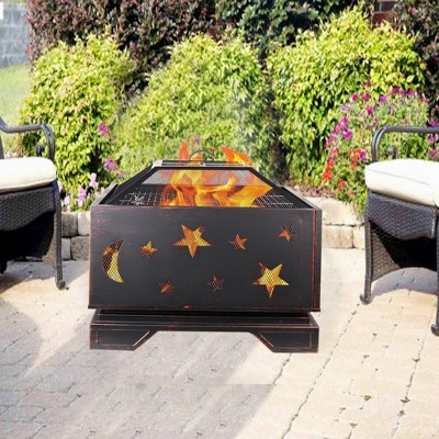 Outdoor Wood Burning Fire Pit with Mesh Lid for Garden, Camping, Bonfire