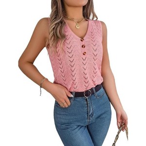 Coolmee Women's Summer Knit Vest Tank Top Button Down Fitted Sleeveless V Neck Loose Vacation Casual Tank - 1 of 4