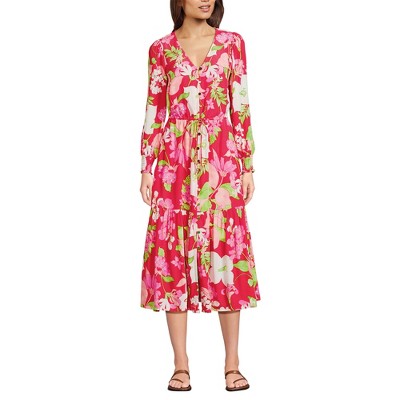 Lands' End Women's Crepe Button Front Long Sleeve Midi Dress