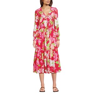 Lands' End Women's Crepe Button Front Long Sleeve Midi Dress - 1 of 4