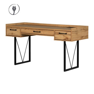 South Shore Finneas Desk Nordik Oak: Modern Farmhouse Style, Built-in Power Strip, Scratch Resistant