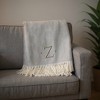 HomeRoots 55" X 70" Gray And White Herringbone Cotton Blend Z Initial Throw Blanket with Tassels And Embroidery - 2 of 4