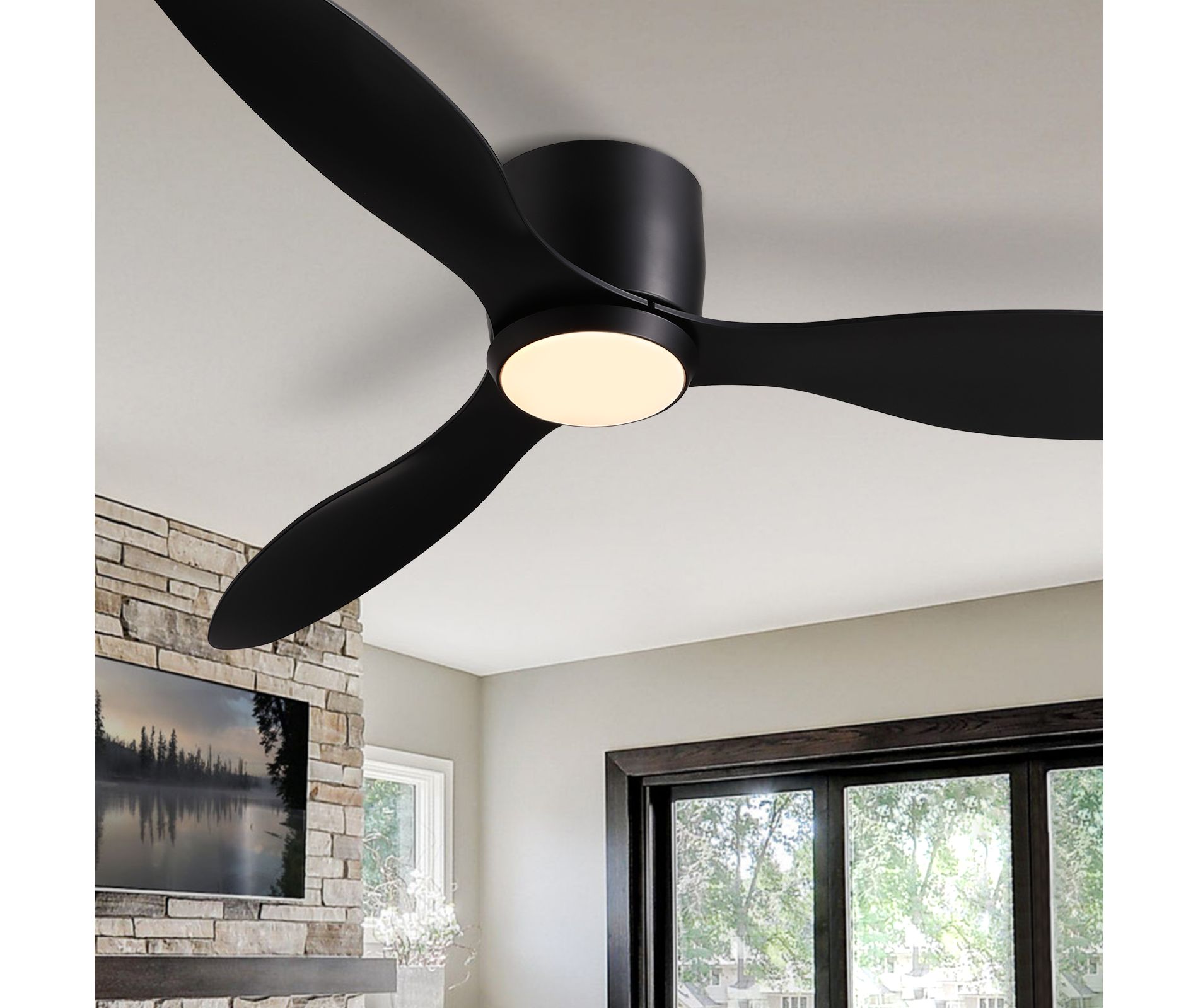 Ludomide 52 In. Modern Black Ceiling Fans With Lights, Low Profile Flush Mount Ceiling Fan With Remote&Wall  Control For Living Room Bedroom