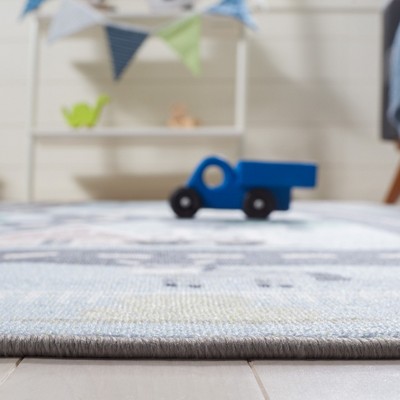 Blue and Dark Grey Synthetic Runner Rug for Kids Playroom