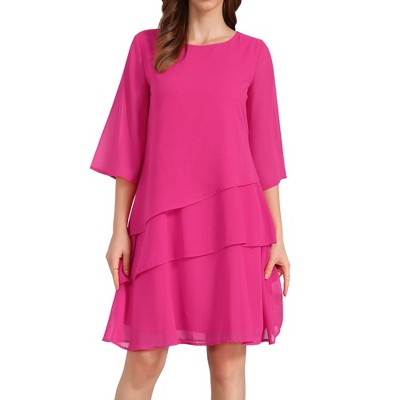 INSPIRE CHIC Women's Round Neck Semi Sheer 3/4 Bell Sleeve Asymmetrical Layered Tiered Midi Dress