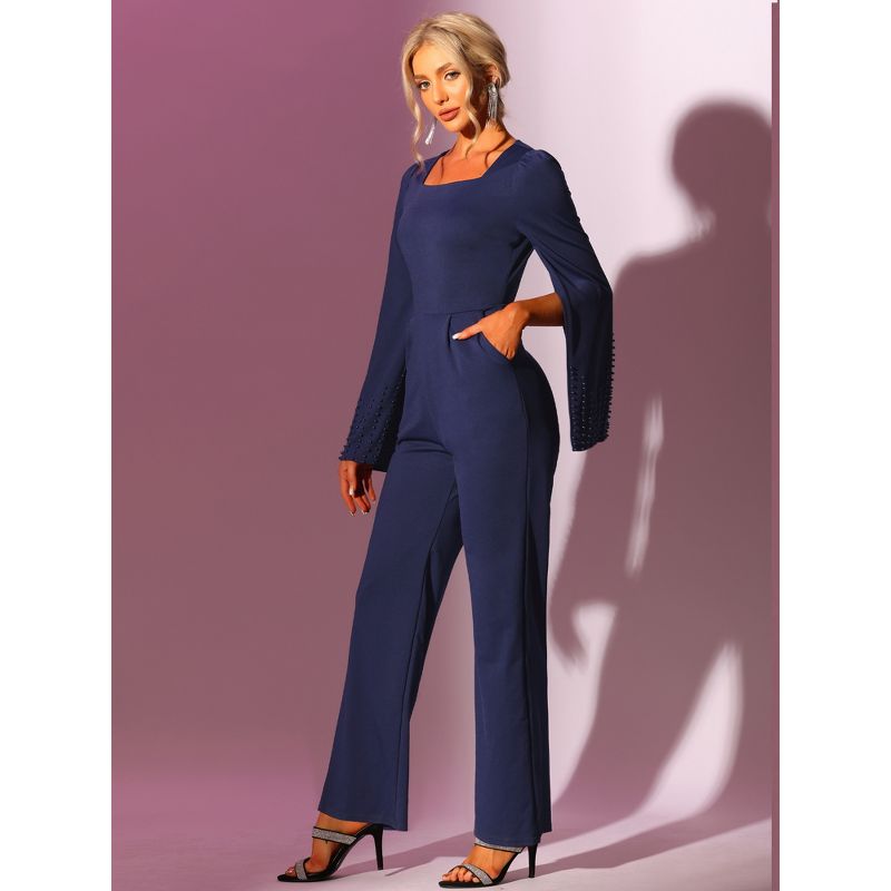Allegra K Women's High Waist Square Neck Wide Leg Long Pant Jumpsuits with Belted, 2 of 7