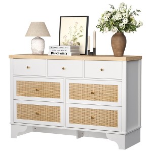 7 Drawers Dresser, Natural Rattan Modern Wood Dressers & Chest of Drawers for Bedroom, Wide Storage Dressers Organizer Deep Drawers - 1 of 4