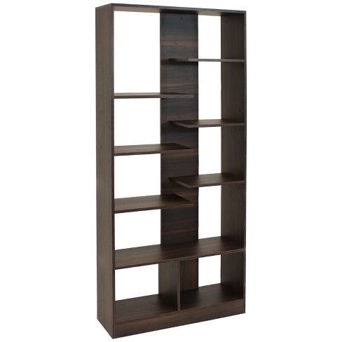 Sunnydaze Rosalee 9-Tier Open Bookshelf with Staggered Shelves Coffee Brown