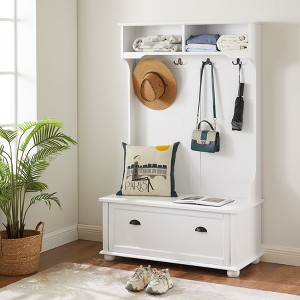 Racxily Modern Hall Tree with Shoe Rack & Coat Hooks, Entryway Bench with Open Shelves & Cabinets, White - 1 of 4