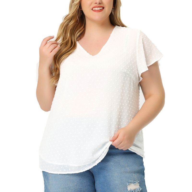 Agnes Orinda Women's Plus Size Tired Flare Sleeve V Neck Swiss Dots Solid Casual Blouses, 1 of 7