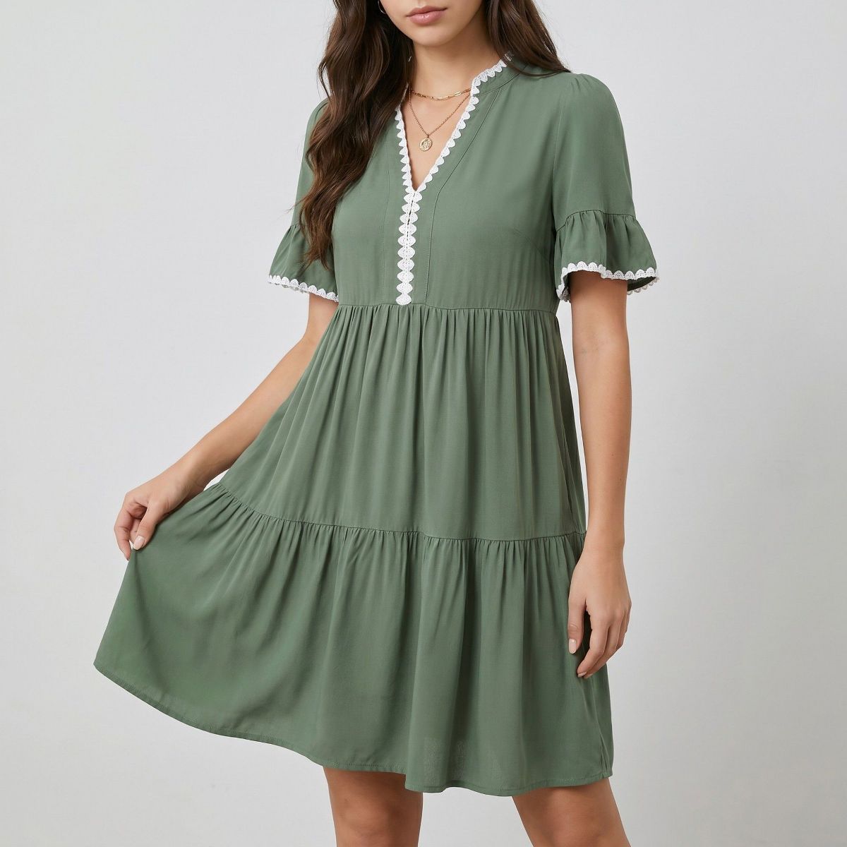 Anna-Kaci Women's Lace Trim V-Neck Flutter Sleeve Tiered Mini Dress with Gathered Waist and Flowy Relaxed Silhouette