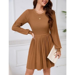 YesFashion Womens Long Sleeve Mini Dress Fall Ribbed Knit Crew Neck Pleated Swing Casual Sweater Dresses - 1 of 4