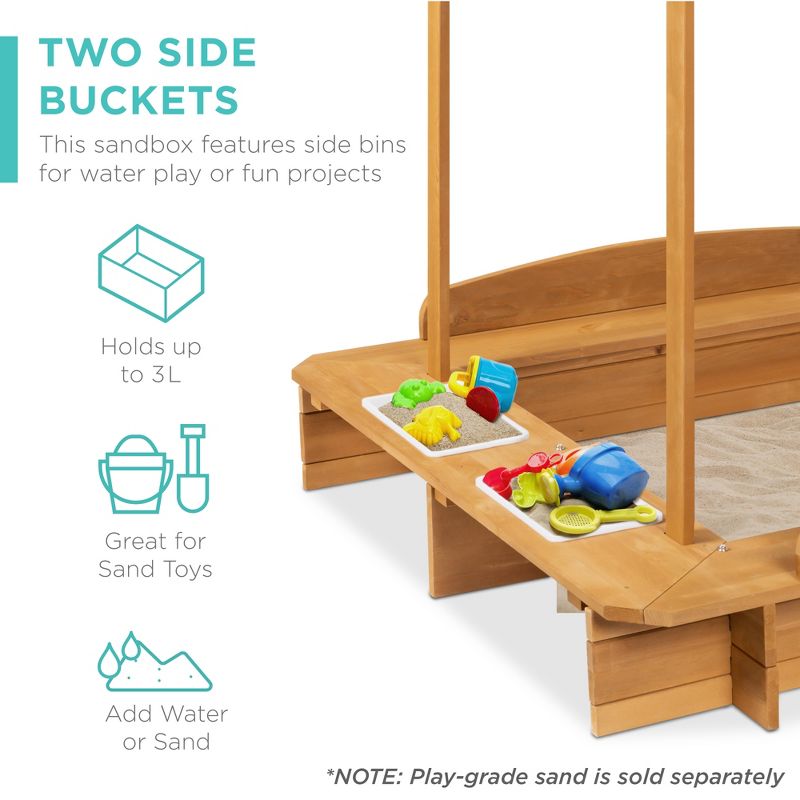 Best Choice Products Kids Wooden Cabana Sandbox w/ Bench Seats, UV-Resistant Canopy, Sandpit Cover, 2 Buckets - Natural, 4 of 8