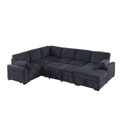 ChicFurnit Sectional Sofas with Pull Out Loveseat and Storage Chaise for Modern Living Room, Dark Gray, 33"*117.5"*34.5"