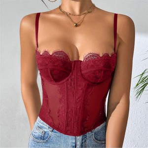Clotth Women's Lace Bustier Top Without bra pad - Sheer Mesh Corset with Eyelash Lace Trim & steel ring , Overbust Lingerie with Straps, Wine Red - 1 of 4