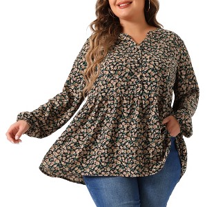 Agnes Orinda Women's Plus Size Elegant Floral Printed V Neck Long Sleeve Chiffon Casual Blouses - 1 of 4