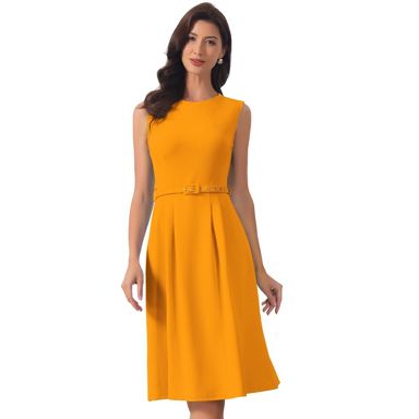 INSPIRE CHIC Women's Sleeveless Crew Neck High Waist A-Line Midi Office Dresses Mustard X-Small