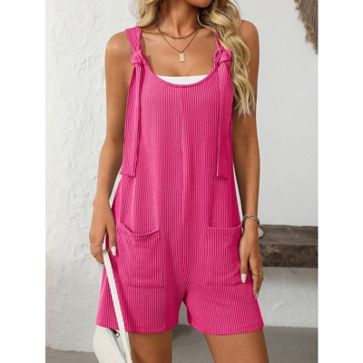 Womens Summer Casual Short Romper Scoop Neck Sleeveless Striped Overalls Shorts Jumpsuit with Pockets