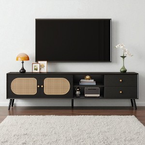 70" TV Stand for TVs up to 80 Inches, Mid Century Modern Entertainment Center with Rattan Doors, 2 Drawers and Open Shelf for Living Room - 1 of 4
