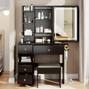 ZHUTA Small Space Left Drawer Desktop Vanity Table + Cushioned Stool, Extra Large Touch Control Sliding LED Mirror, Tri-color Switching - 1 of 4