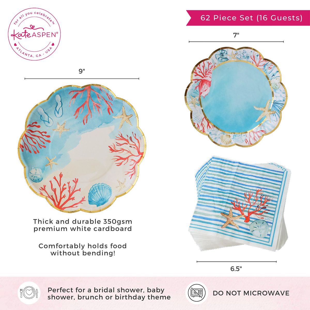 Kate Aspen Beach Party 62 Piece Coastal Party Tableware Set, Birdal Shower Decorations Plates & Napkins, Vibrant Floral Nautical (16 Guests) - thumbnail 6