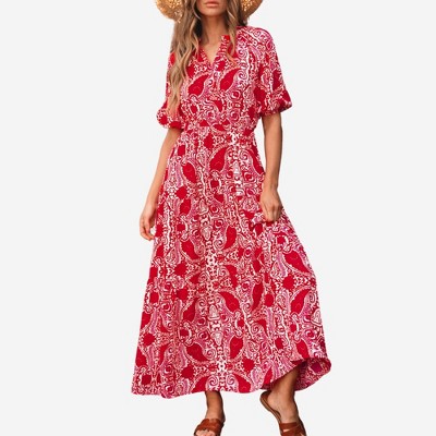 Amaryllis Women’s Short Sleeve Button Down Collared Maxi Dress Relaxed Fit Tiered Skirt Stretch Waist Paisley