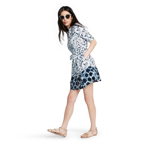 Women's Shibori Print Elbow Sleeve Button-Front Mini Shirtdress