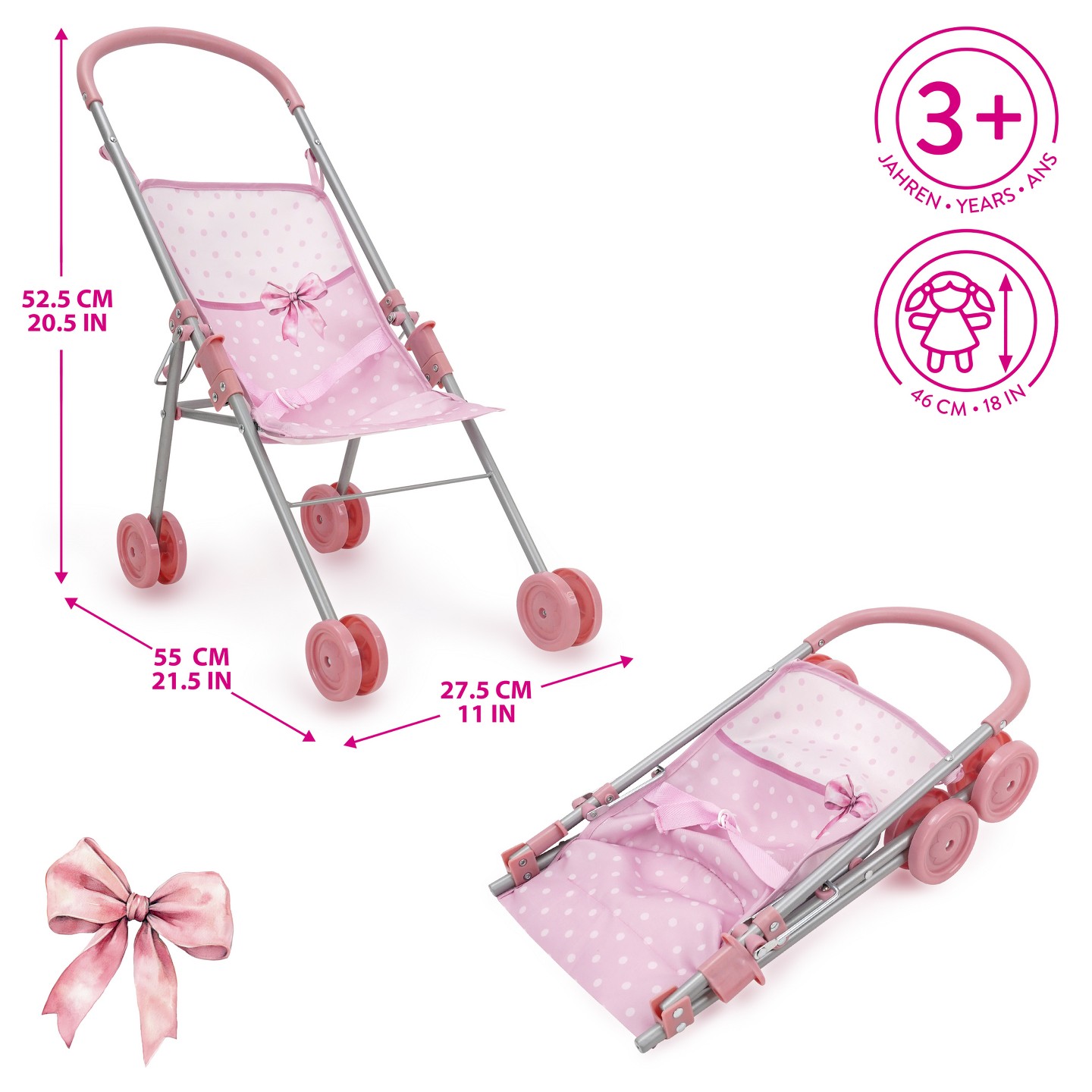 Аксессуары для кукол 509Crew 509 Crew: Bow Travel Care N' Feed Doll Set Stroller Accessories Pink White 9pc, цвет: Розовый — фото 2