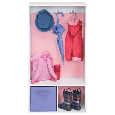 White Engineered Wood Freestanding Storage Locker with Hooks and Cubbies